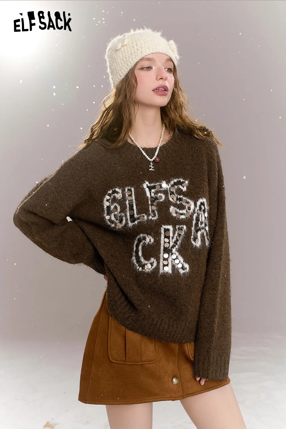 ELFSACK 2024 Winter New Arrivals Retro Loose Sequin Letters Soft Warm Sweater Women Round Neck Long Sleeves