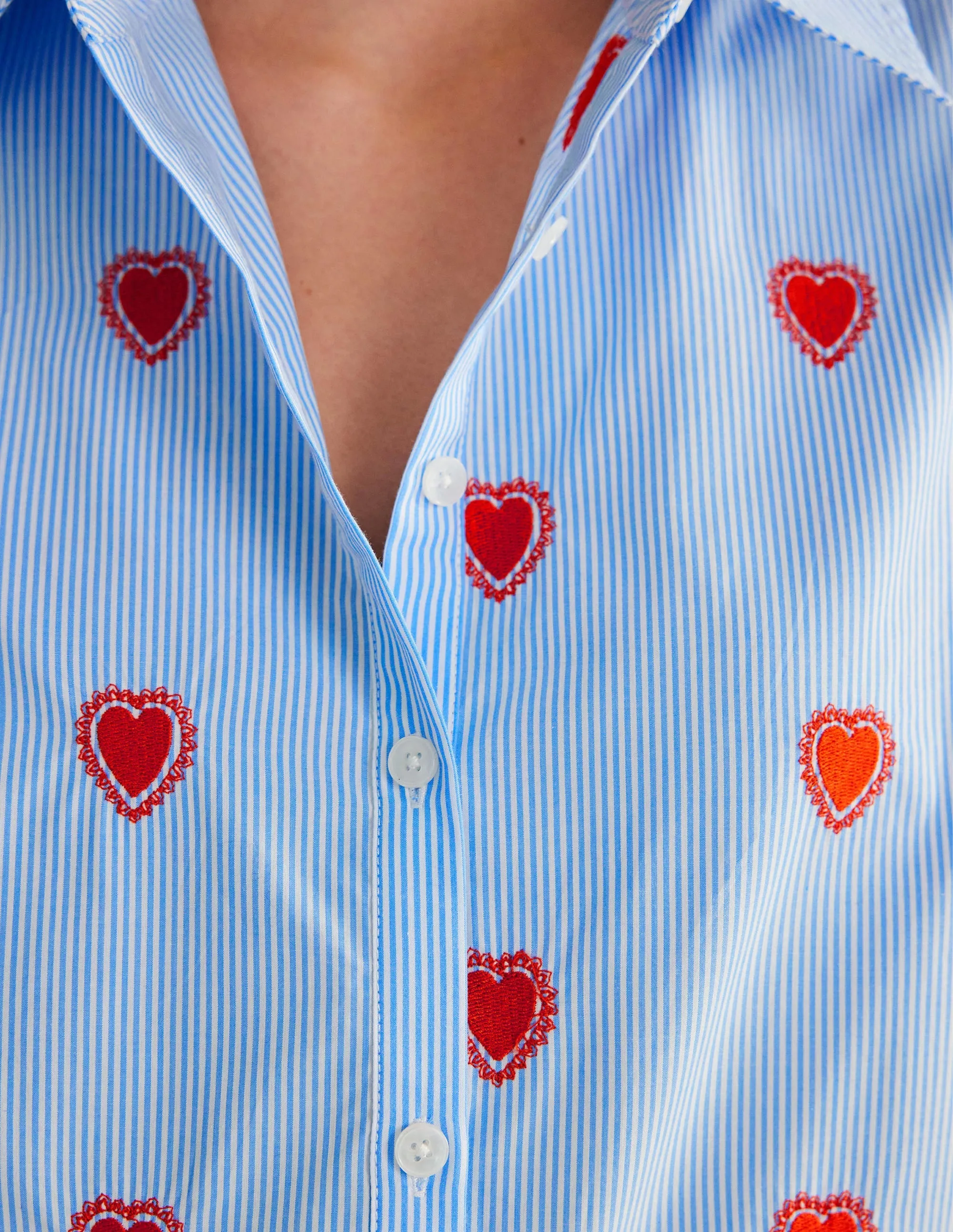 Embroidered Relaxed Shirt-Heart, Ticking Stripe