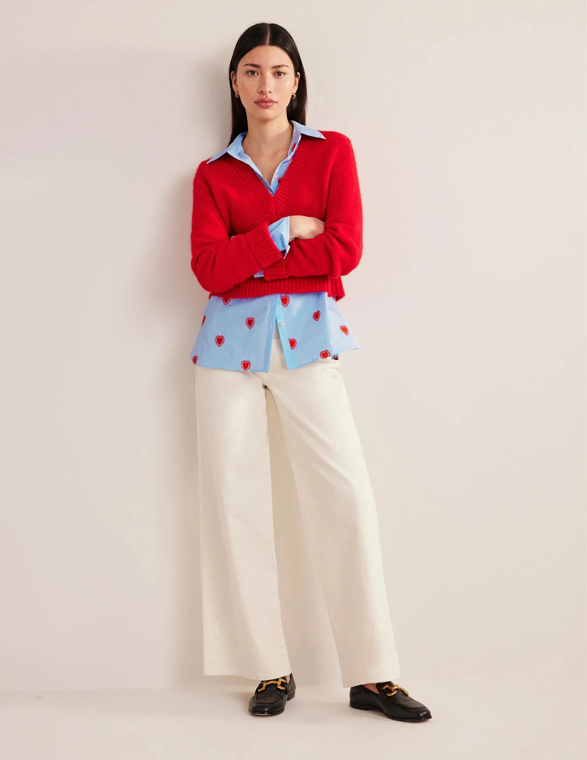 Embroidered Relaxed Shirt-Heart, Ticking Stripe