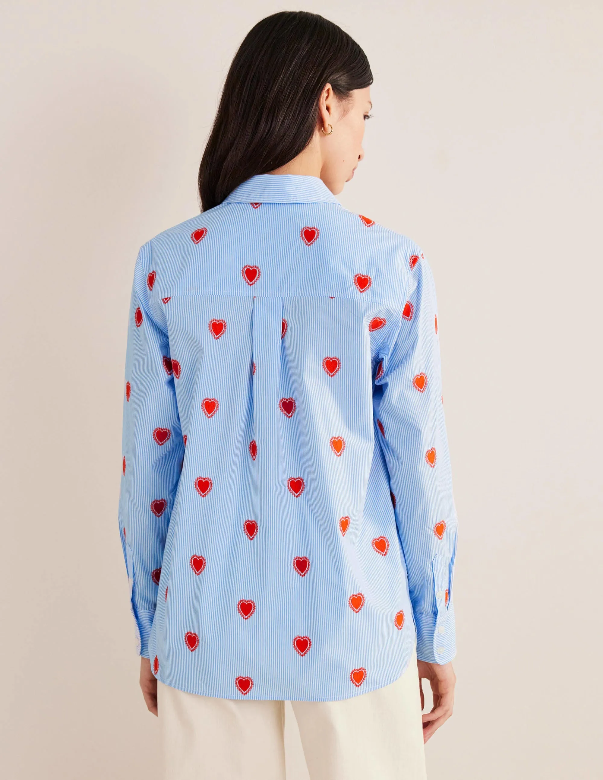 Embroidered Relaxed Shirt-Heart, Ticking Stripe