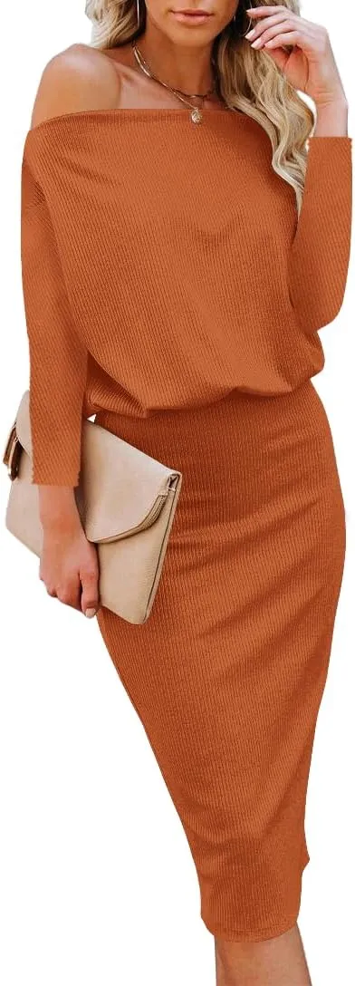 Ezbelle Women's Off The Shoulder 3/4 Sleeve Batwing HIPS-Wrap Pencil Party Sexy Bodycon Midi Dress Loose