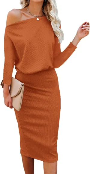 Ezbelle Women's Off The Shoulder 3/4 Sleeve Batwing HIPS-Wrap Pencil Party Sexy Bodycon Midi Dress Loose
