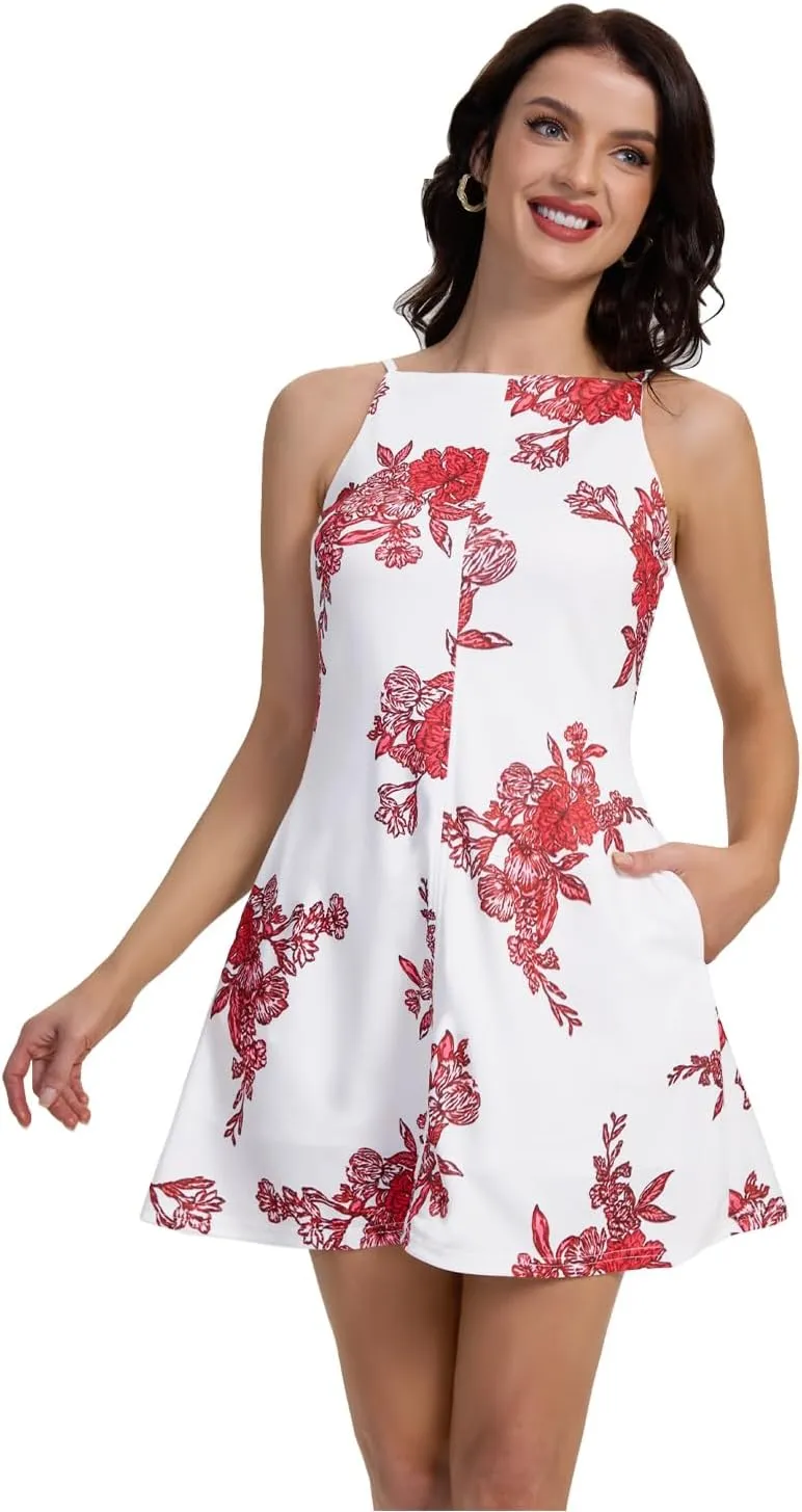 FANCYINN Women's Short Elegant Dresses Adjustable Spaghetti Strap with Pockets Backless Elegant Dress Date Night Dress