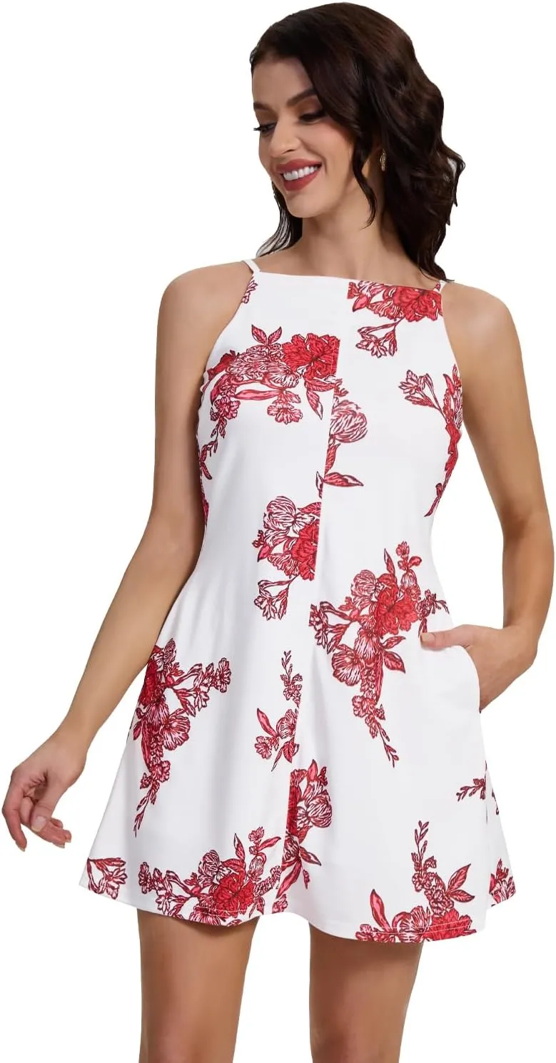FANCYINN Women's Short Elegant Dresses Adjustable Spaghetti Strap with Pockets Backless Elegant Dress Date Night Dress