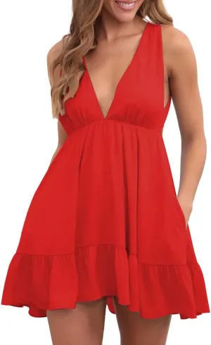 Febriajuce Womens Summer Mini Dress Loose Ruffle Deep V-Neck Backless Strap Solid Casual Short Dresses with Pockets