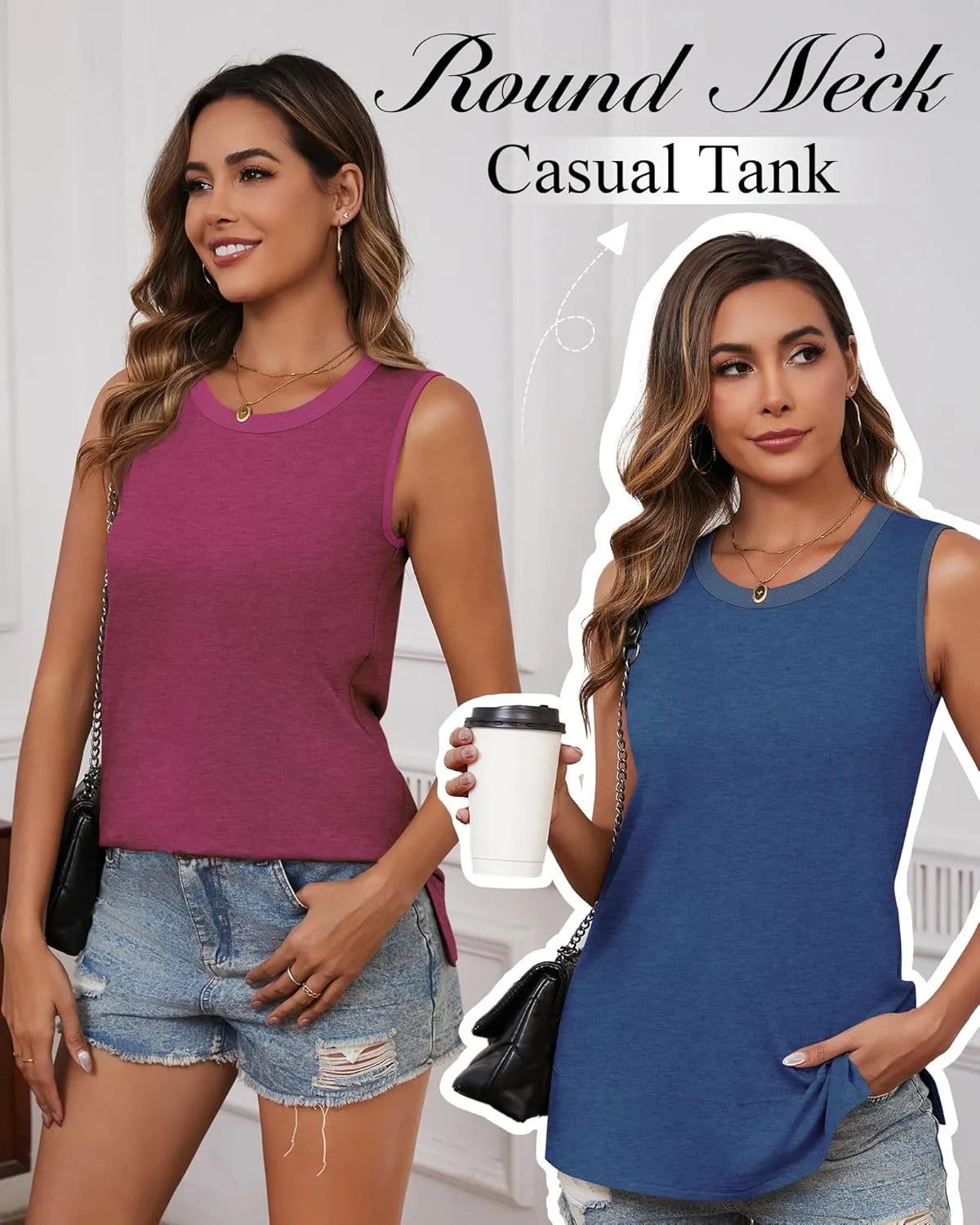 Ficerd 3 Pack Women's Sleeveless Tank Tops, Cotton Summer Crewneck Split Side Ribbed Trim Loose T-Shirt Casual Basic Tee Vest