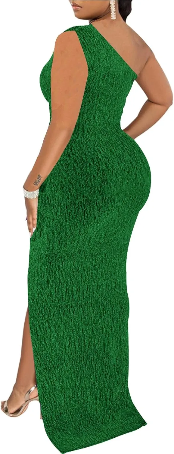 Formal Dress for Women Elegant Sparkly One Shoulder Sleeveless High Split Cocktail Party Prom Dresses