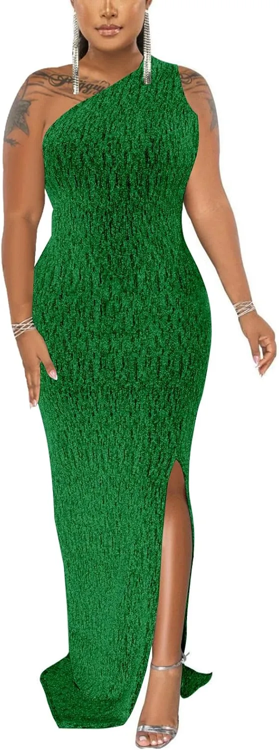 Formal Dress for Women Elegant Sparkly One Shoulder Sleeveless High Split Cocktail Party Prom Dresses