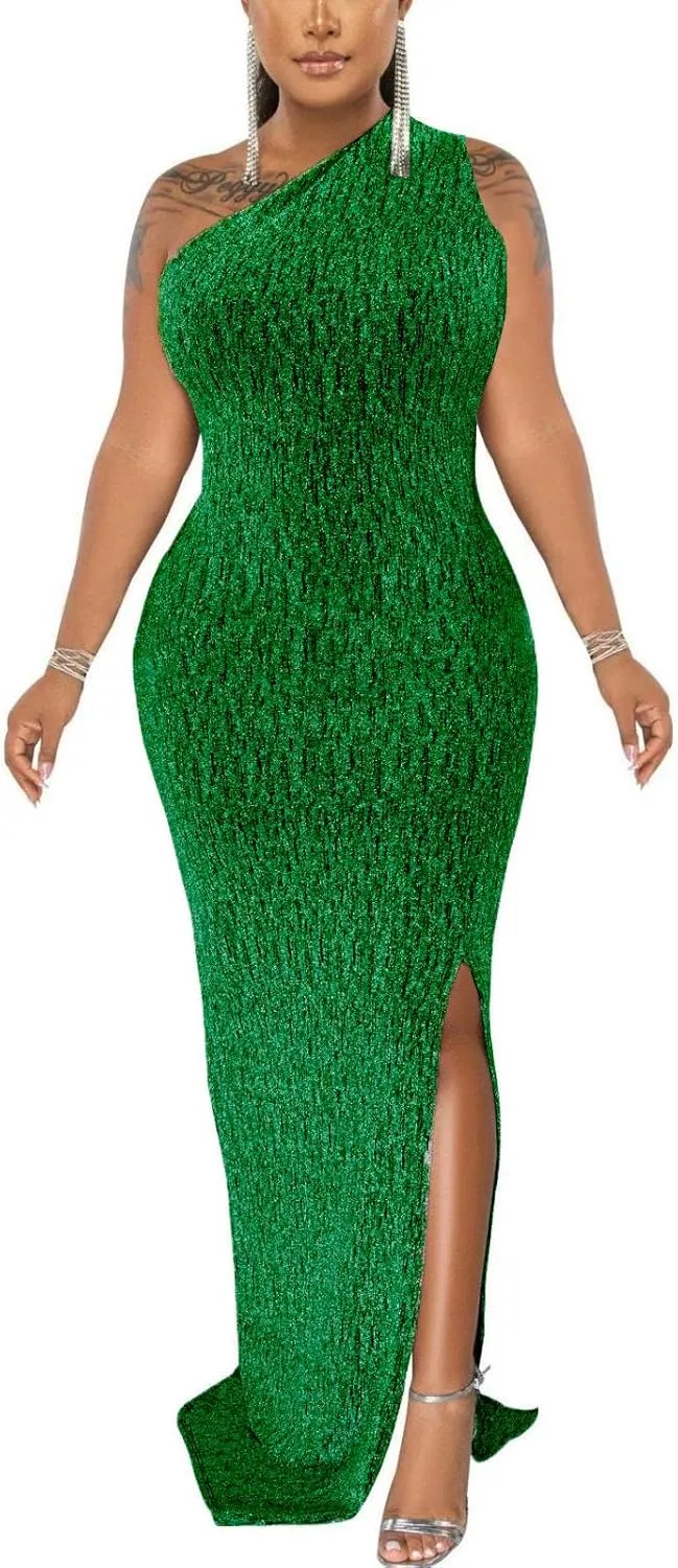 Formal Dress for Women Elegant Sparkly One Shoulder Sleeveless High Split Cocktail Party Prom Dresses