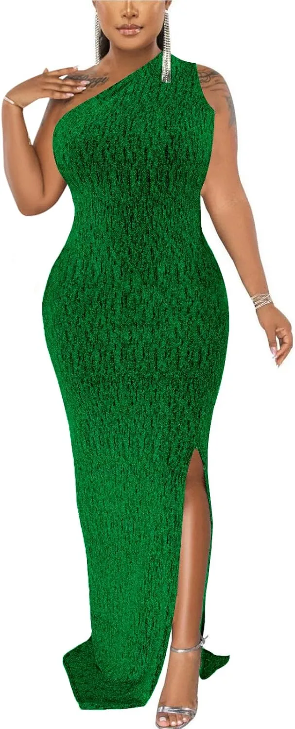 Formal Dress for Women Elegant Sparkly One Shoulder Sleeveless High Split Cocktail Party Prom Dresses