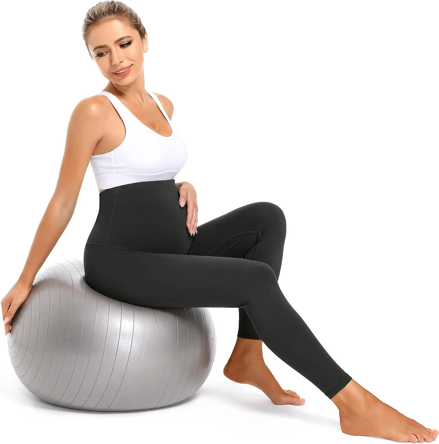 Foucome Women's Maternity Fleece Lined Leggings with Pockets Over The Belly Pregnancy Winter Warm Workout Yoga Pants