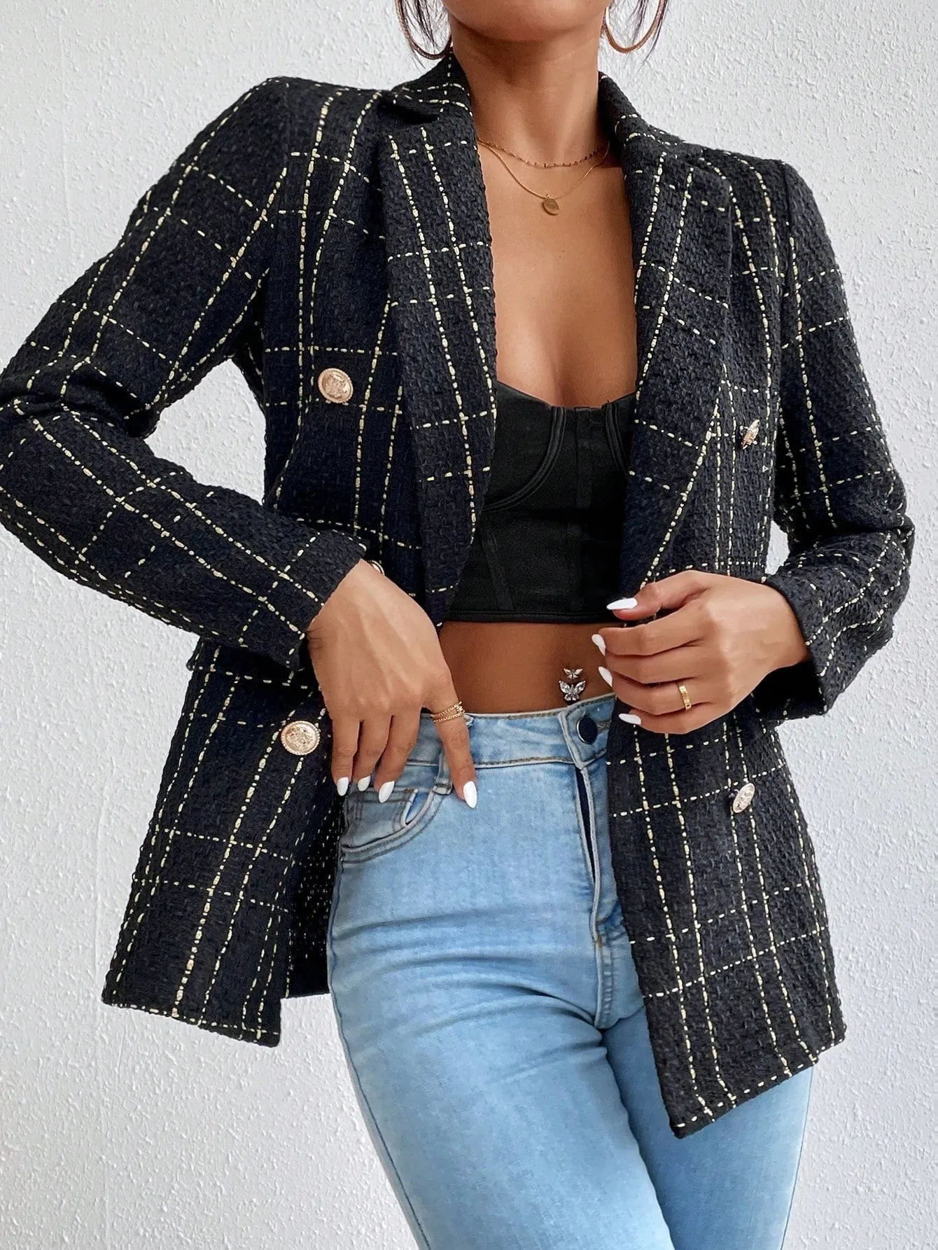 Frenchy Lapel Collar Long Sleeve Plaid Thick Woolen Blazer Jacket