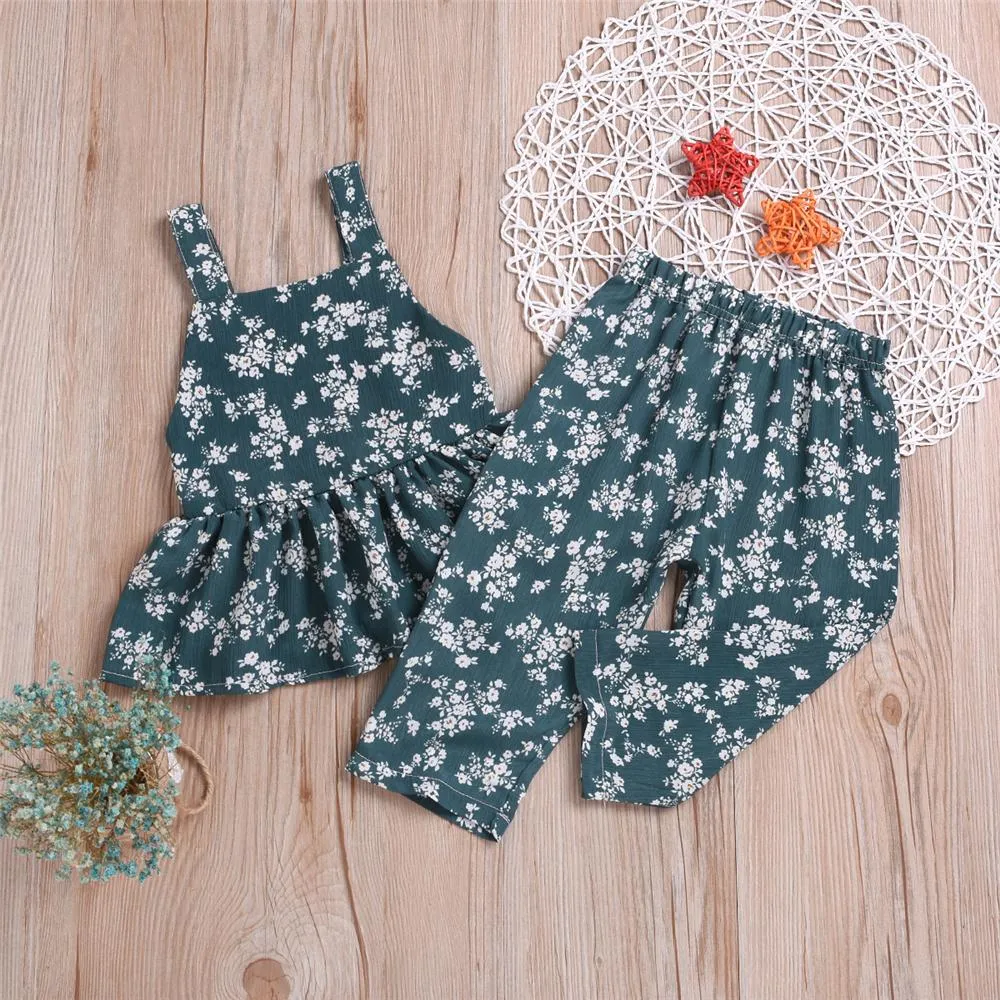 Girls Floral Printed Sleeveless Top & Pants Wholesale Little Girl Boutique Clothing