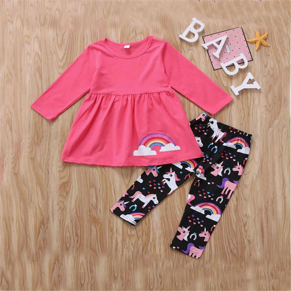 Girls Rainbow Unicorn Printed Long Sleeve T-shirt & Pants Wholesale