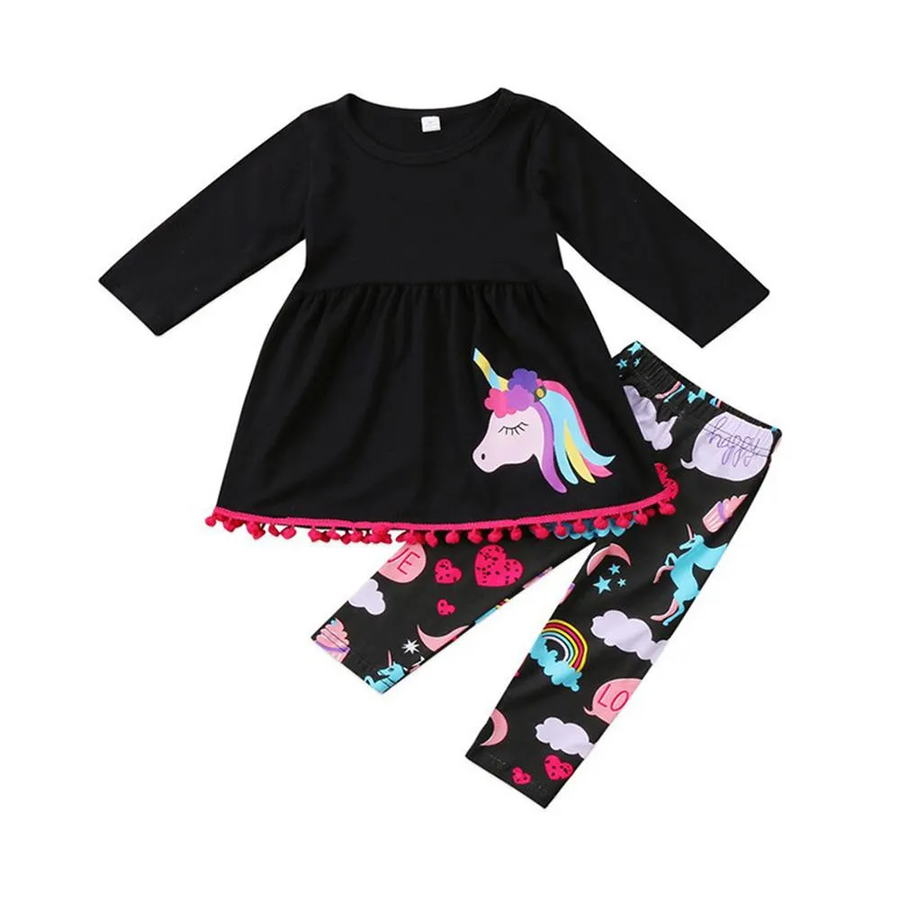 Girls Rainbow Unicorn Printed Long Sleeve T-shirt & Pants Wholesale