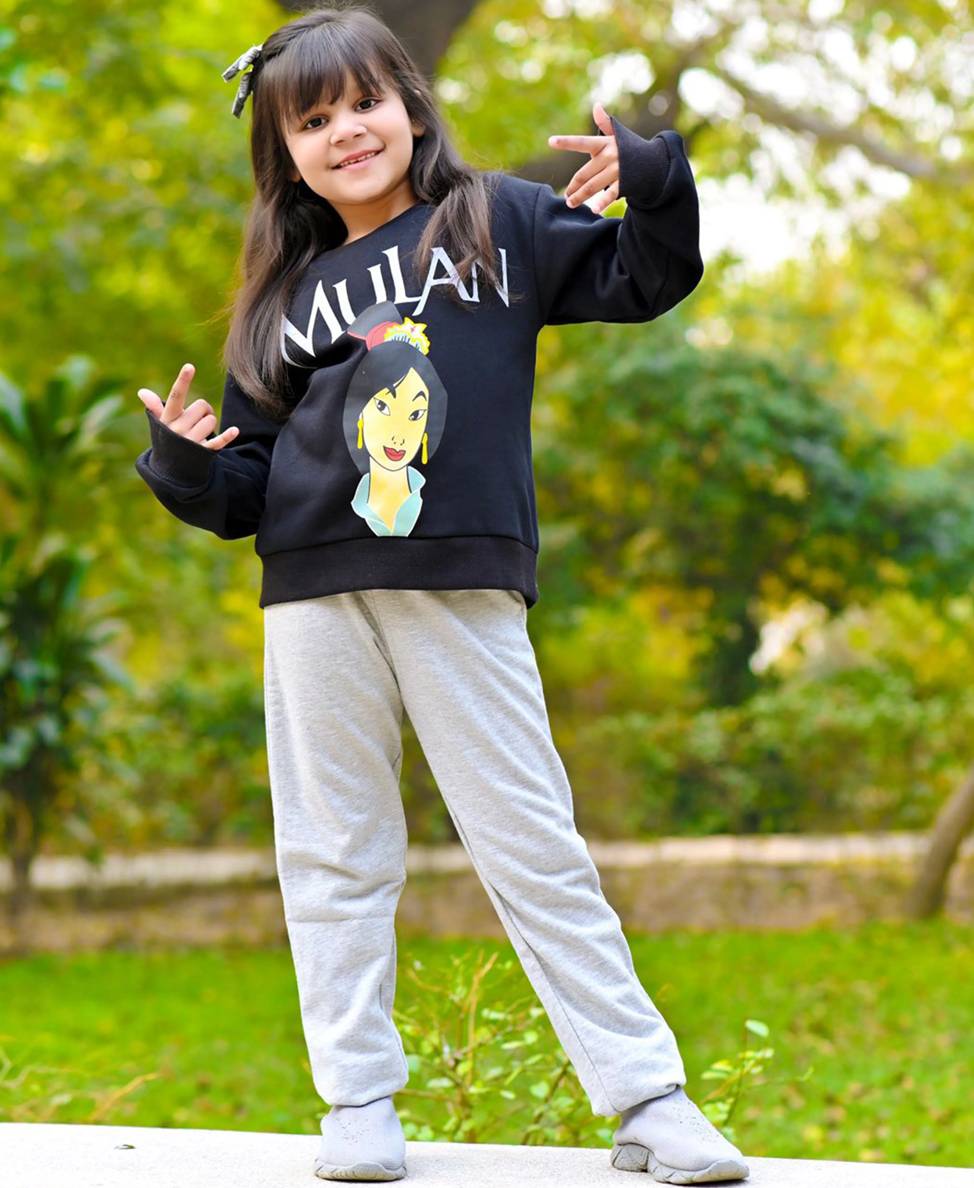 GirlsSweatshirt Set  Mulan (Black ) Trouser (Grey)