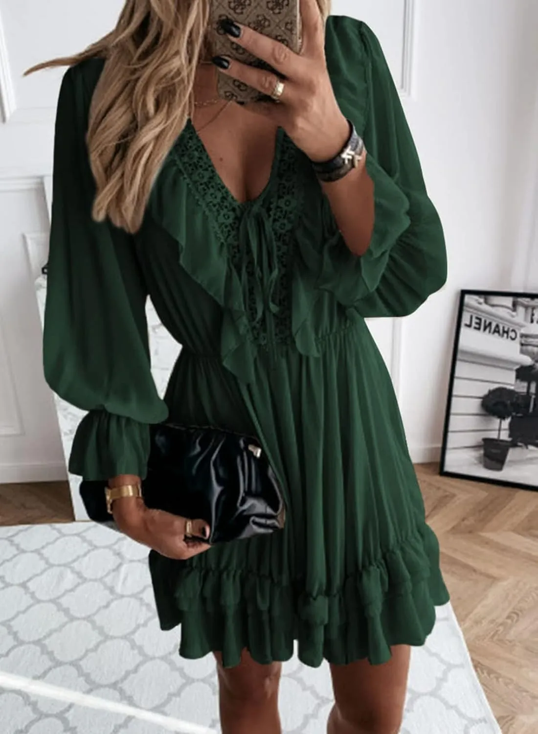 GOSOPIN Women Sleeves Babydoll Tunic Mini Swing Shift Dress Tie V Neck Loose Fit A Line Sundress Ruffle Pleated Dresses