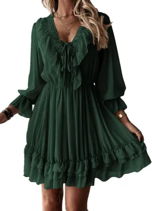 GOSOPIN Women Sleeves Babydoll Tunic Mini Swing Shift Dress Tie V Neck Loose Fit A Line Sundress Ruffle Pleated Dresses