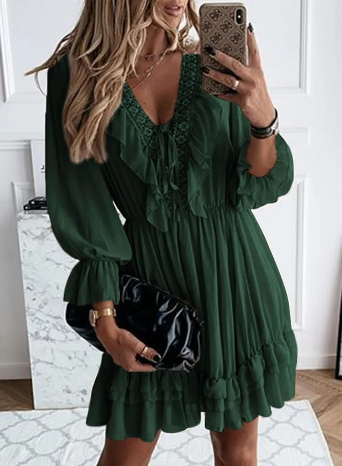GOSOPIN Women Sleeves Babydoll Tunic Mini Swing Shift Dress Tie V Neck Loose Fit A Line Sundress Ruffle Pleated Dresses