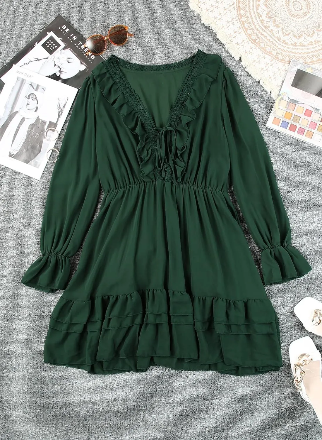 GOSOPIN Women Sleeves Babydoll Tunic Mini Swing Shift Dress Tie V Neck Loose Fit A Line Sundress Ruffle Pleated Dresses