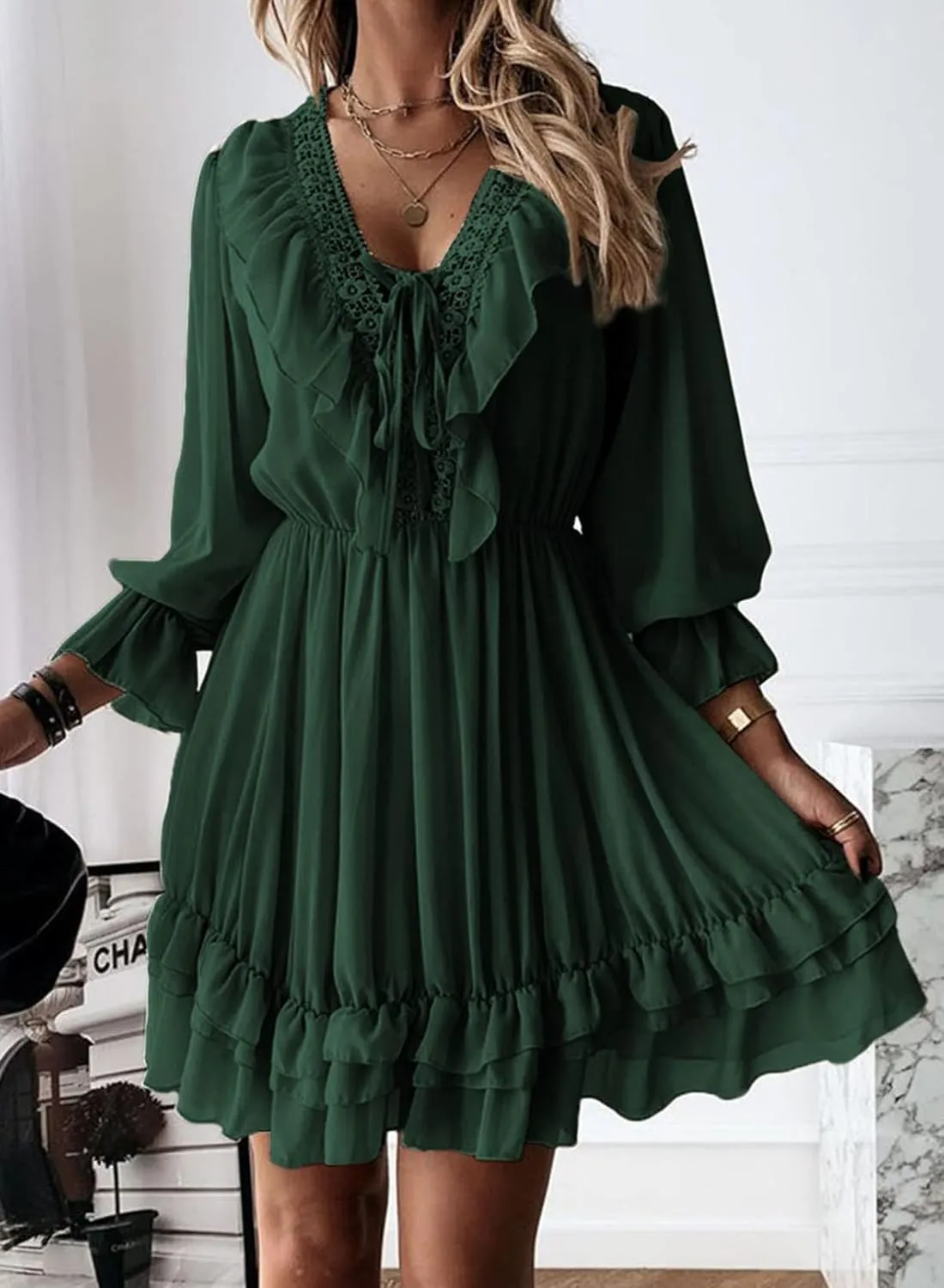 GOSOPIN Women Sleeves Babydoll Tunic Mini Swing Shift Dress Tie V Neck Loose Fit A Line Sundress Ruffle Pleated Dresses