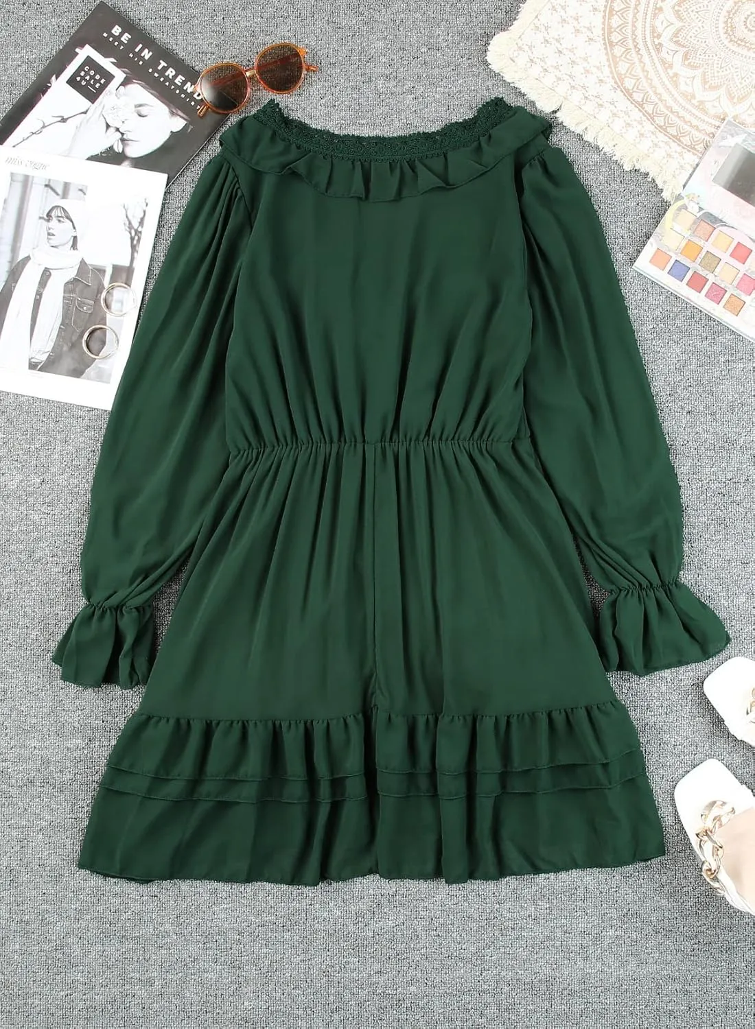 GOSOPIN Women Sleeves Babydoll Tunic Mini Swing Shift Dress Tie V Neck Loose Fit A Line Sundress Ruffle Pleated Dresses