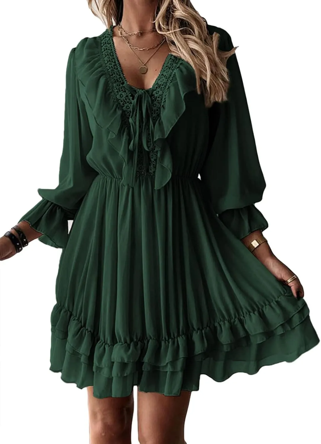 GOSOPIN Women Sleeves Babydoll Tunic Mini Swing Shift Dress Tie V Neck Loose Fit A Line Sundress Ruffle Pleated Dresses