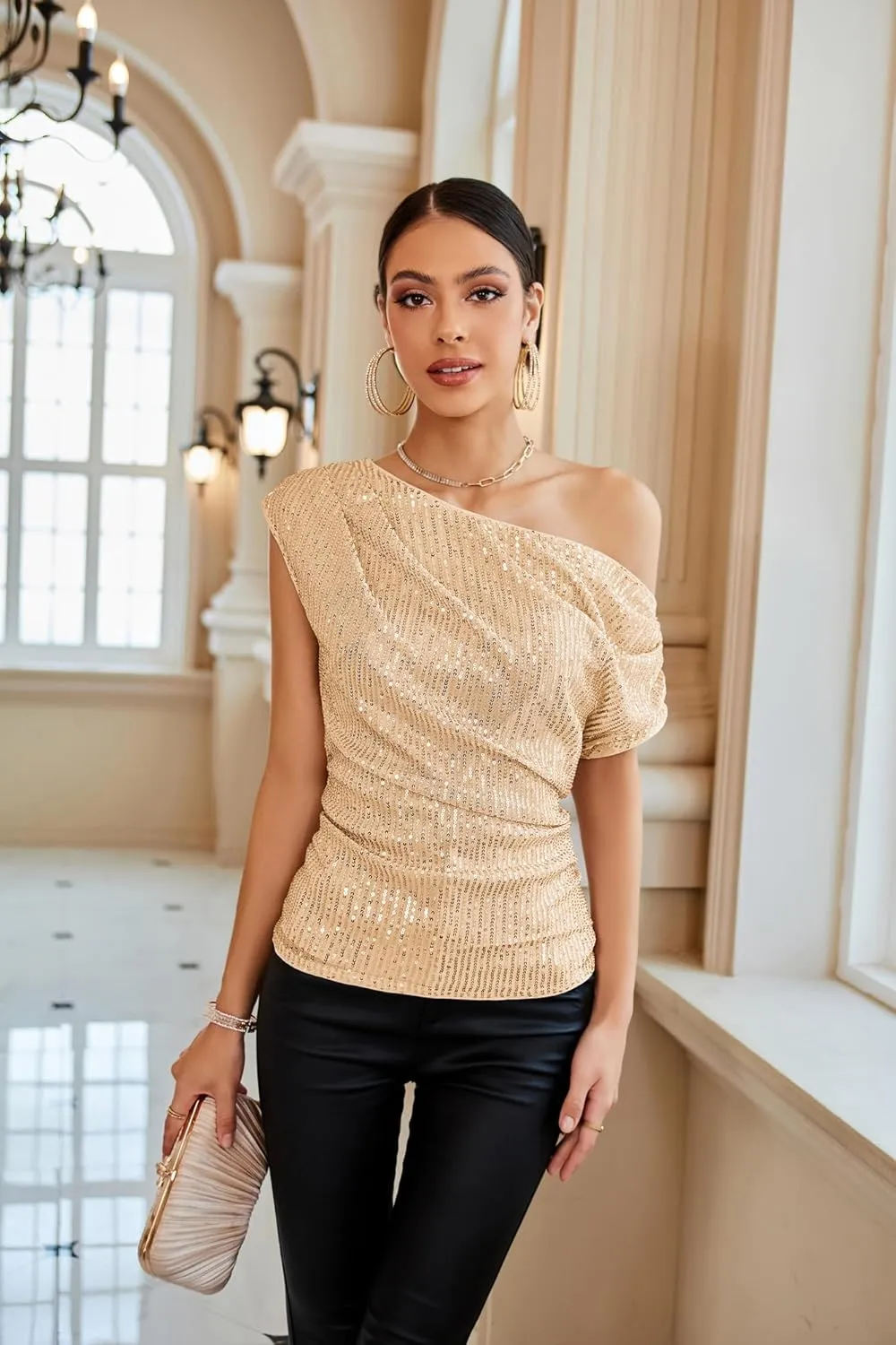 GRACE KARIN One Shoulder Sequin Sparkly Tops for Women Ruched Asymmetrical Glitter Tops Slimming Sparkle Party Shirts