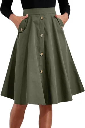 Greensen Women's High Waist Casual Pleated A Line Midi Skirt, Pleated Skirt Tie Belt Button Front Mini Skirt with Pocket