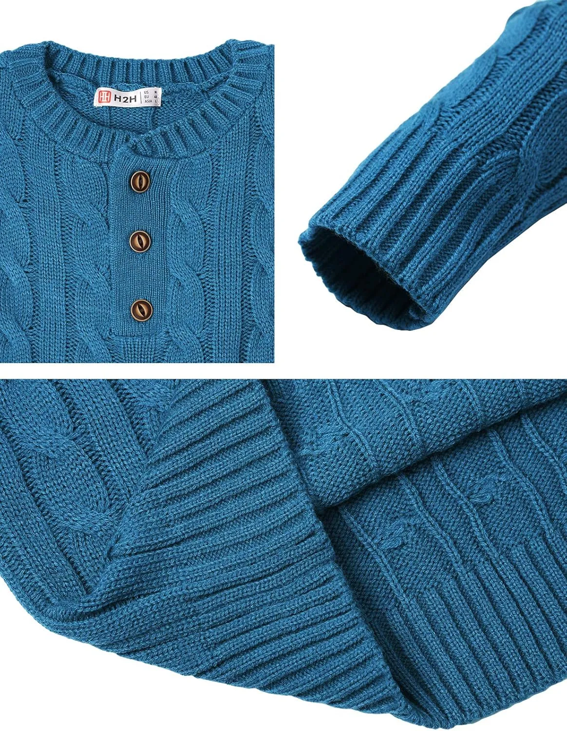 H2H Mens Casual Slim Fit Pullover Sweaters Long Sleeve Cable Knitted Sweater with Button Closure