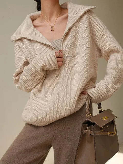 Half Zipper Loose Fit Warm Sweater For Women