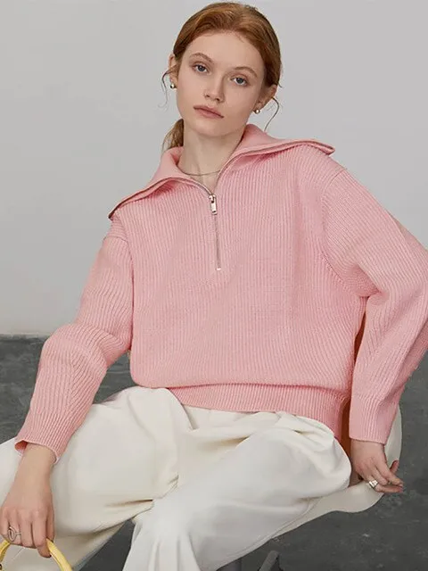 Half Zipper Loose Fit Warm Sweater For Women