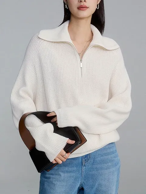 Half Zipper Loose Fit Warm Sweater For Women