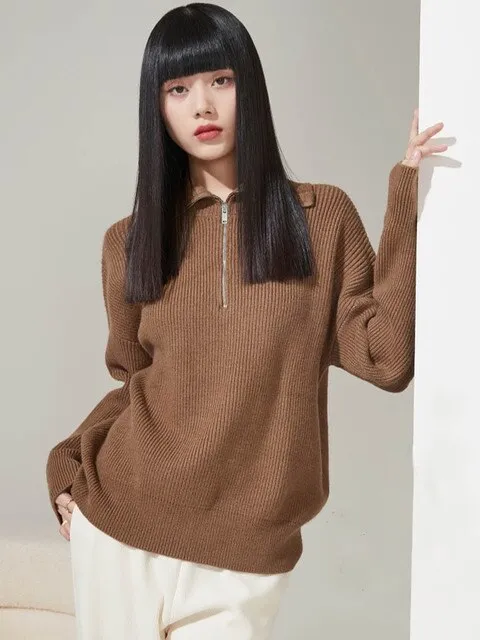 Half Zipper Loose Fit Warm Sweater For Women