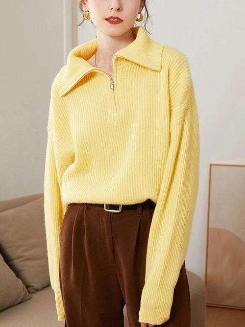 Half Zipper Loose Fit Warm Sweater For Women