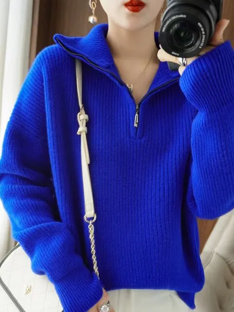 Half Zipper Loose Fit Warm Sweater For Women