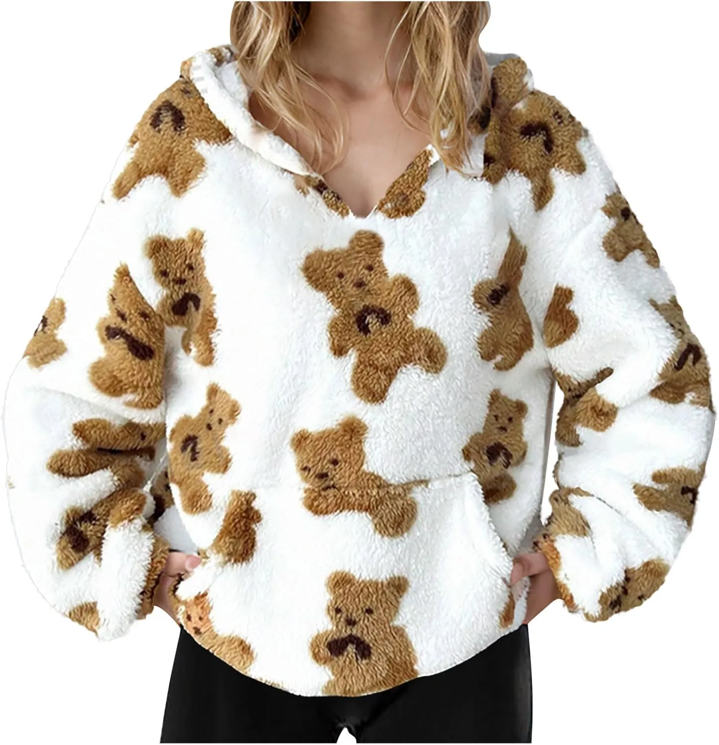 Hoodies For Teen Girls Oversized Sherpa Hoodie Women Fuzzy Fleece Hooded Sweatshirt Cute Teddy Bear Print Pullover Tops