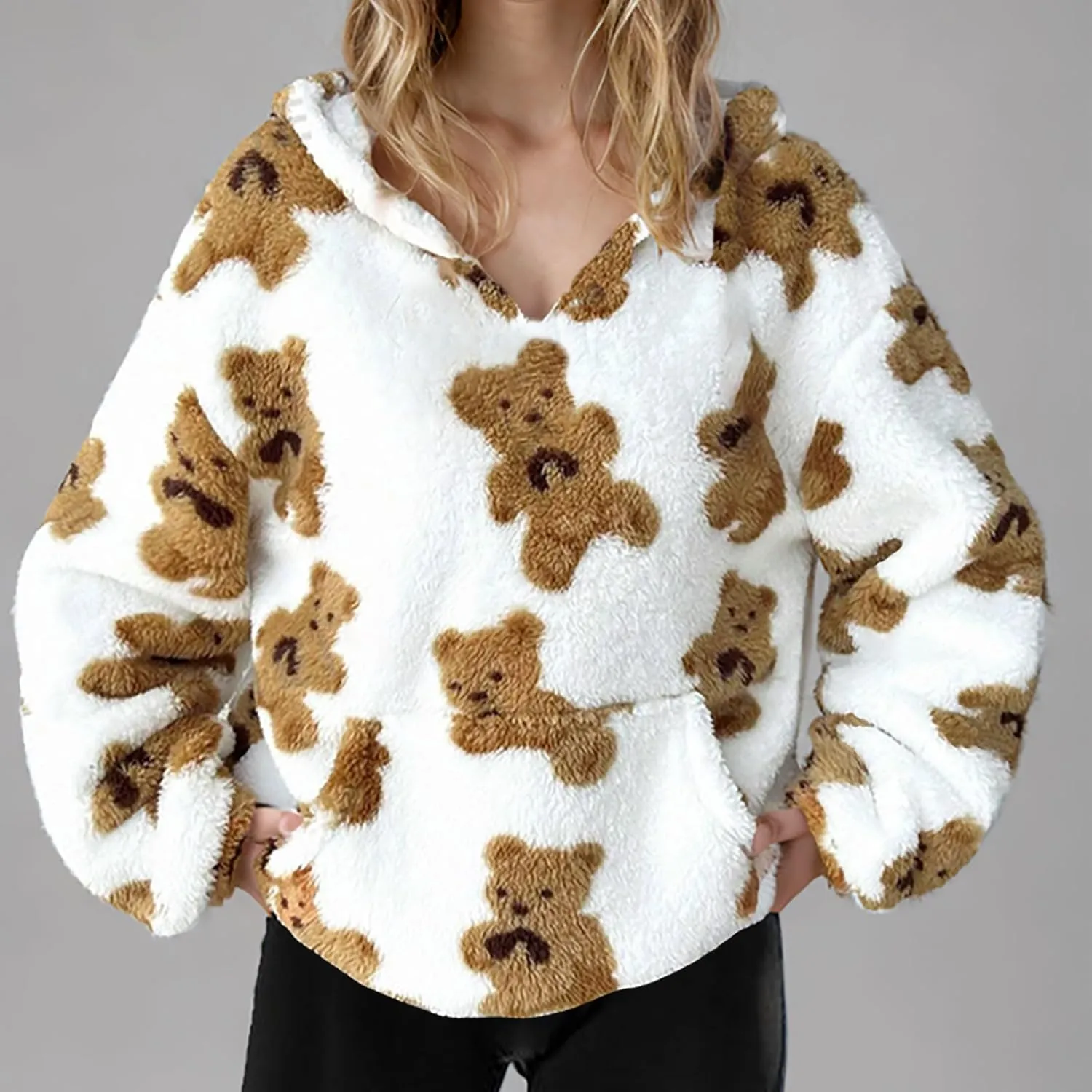 Hoodies For Teen Girls Oversized Sherpa Hoodie Women Fuzzy Fleece Hooded Sweatshirt Cute Teddy Bear Print Pullover Tops