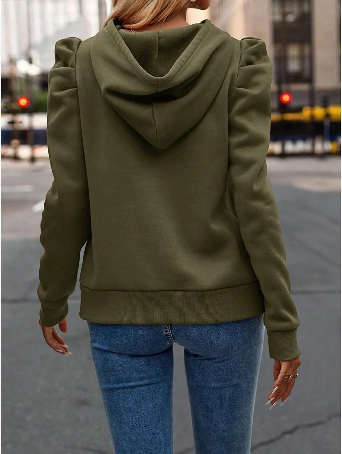 Hoodies for Women Drawstring Puff Long Sleeve Sweatshirt Casual Loose Fit Hooded Neck Pullover Sweater