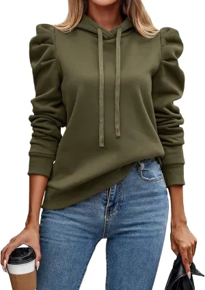 Hoodies for Women Drawstring Puff Long Sleeve Sweatshirt Casual Loose Fit Hooded Neck Pullover Sweater