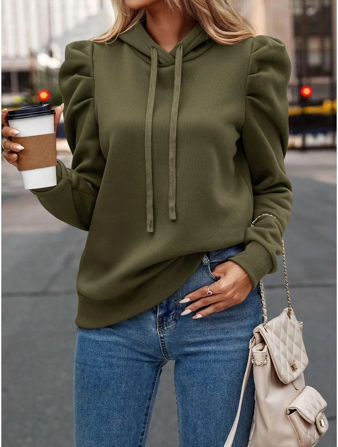 Hoodies for Women Drawstring Puff Long Sleeve Sweatshirt Casual Loose Fit Hooded Neck Pullover Sweater