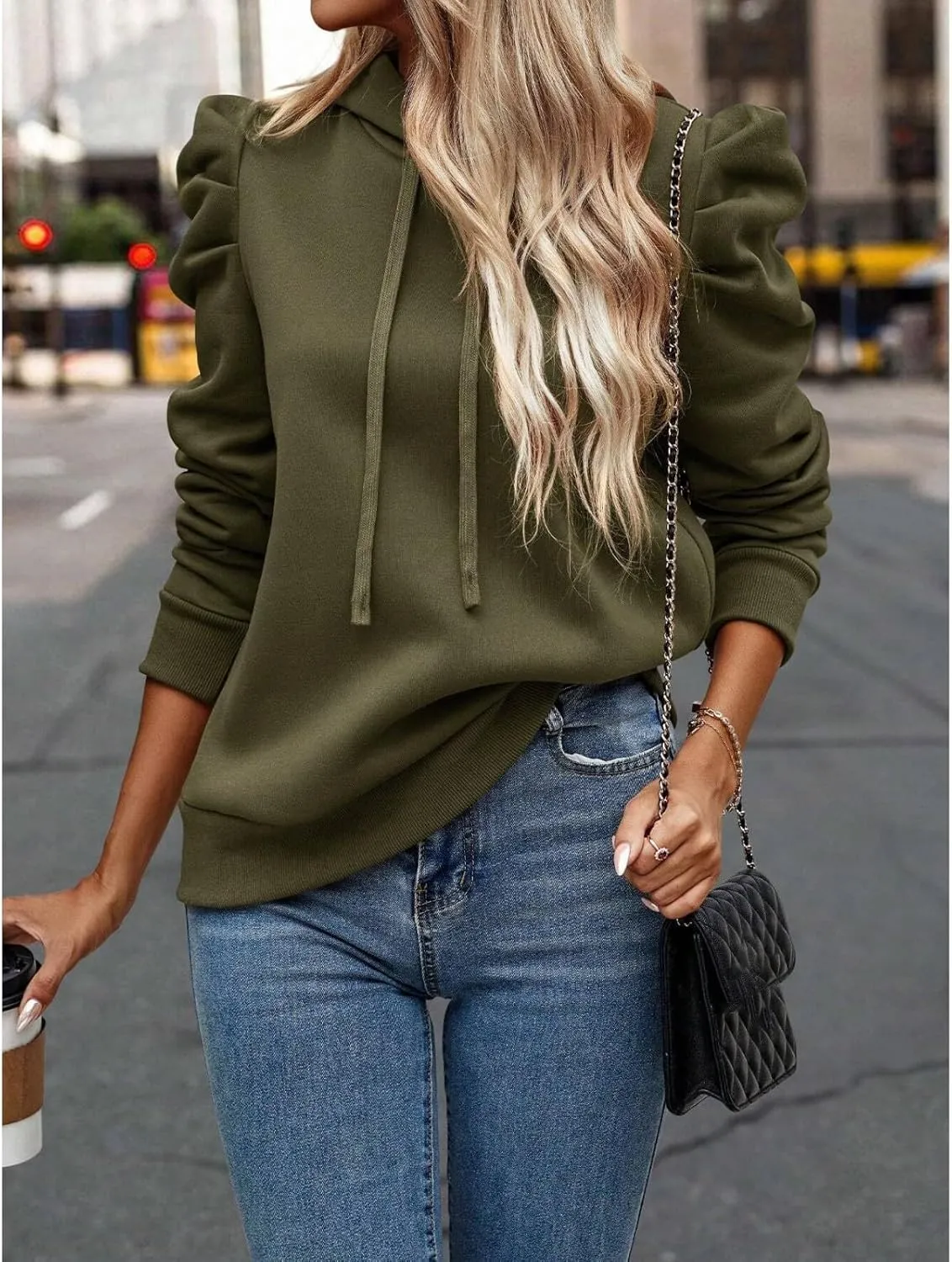 Hoodies for Women Drawstring Puff Long Sleeve Sweatshirt Casual Loose Fit Hooded Neck Pullover Sweater