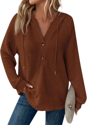 Hoodies for Women Waffle Knit Drawstring Button V Neck Hooded Sweatshirt Fall Loose Fit Long Sleeve Pullover Sweater