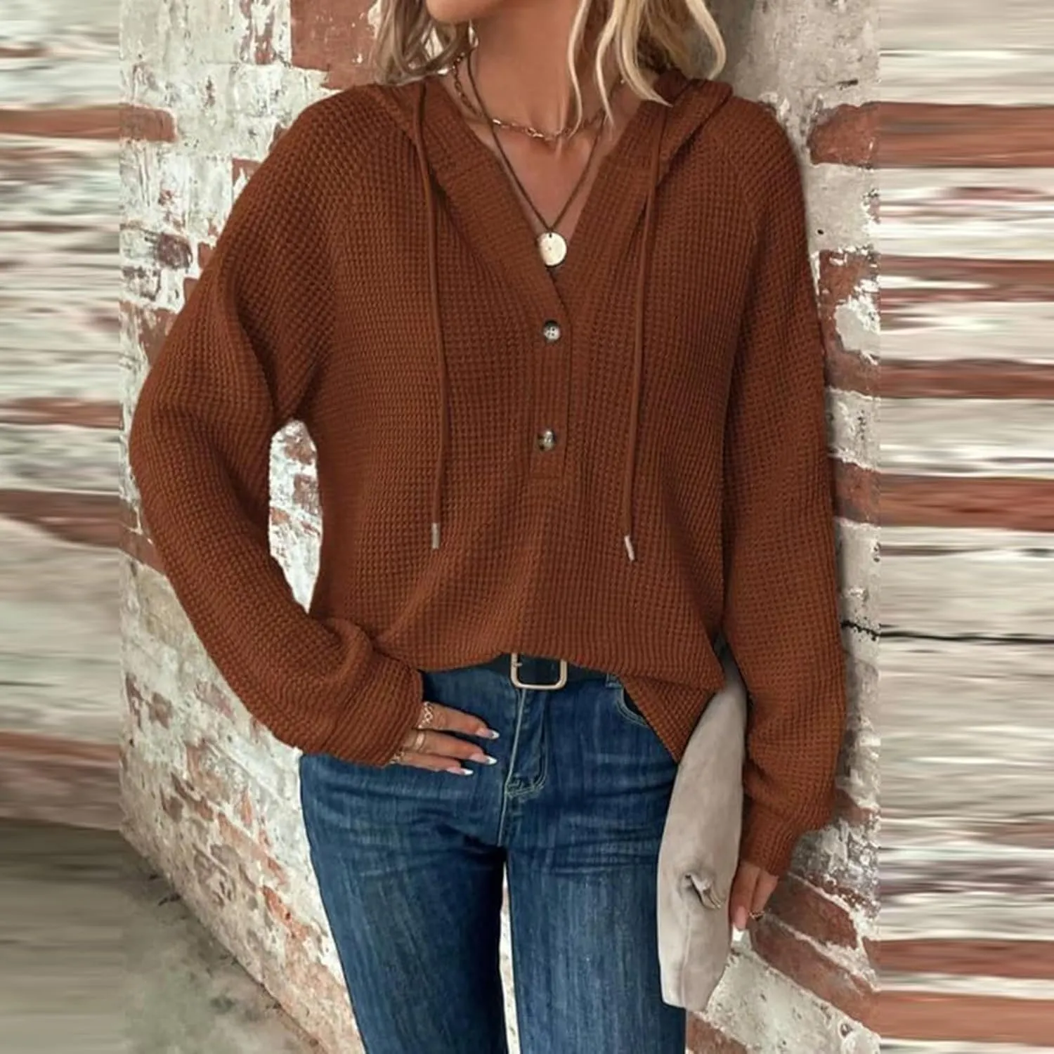 Hoodies for Women Waffle Knit Drawstring Button V Neck Hooded Sweatshirt Fall Loose Fit Long Sleeve Pullover Sweater