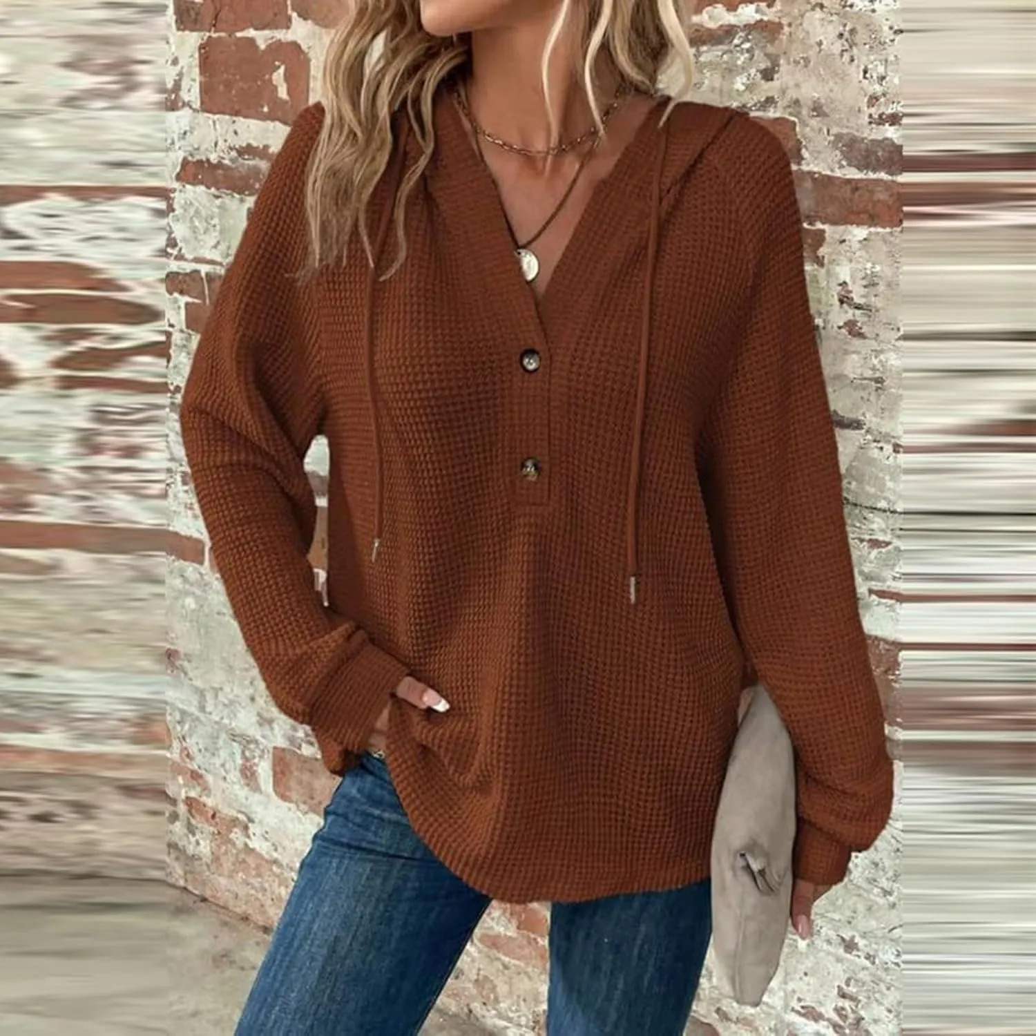 Hoodies for Women Waffle Knit Drawstring Button V Neck Hooded Sweatshirt Fall Loose Fit Long Sleeve Pullover Sweater