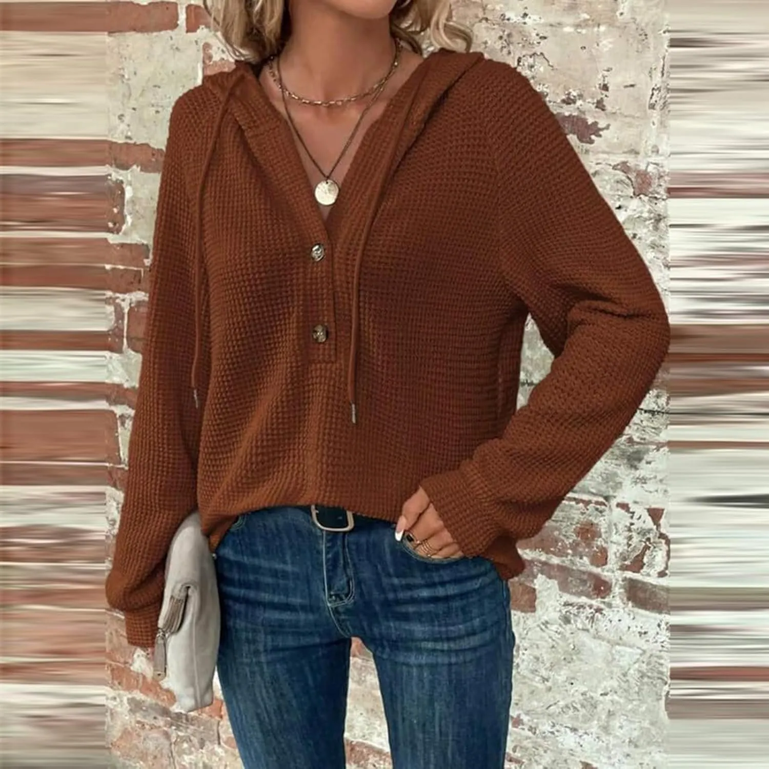 Hoodies for Women Waffle Knit Drawstring Button V Neck Hooded Sweatshirt Fall Loose Fit Long Sleeve Pullover Sweater