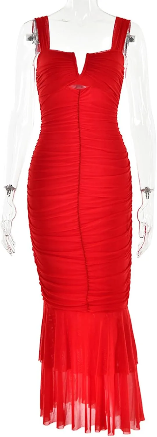 houstil Women's Strap Wedding Guest Dress Wrinkles Mesh Bodycon Party Maxi Cocktail Cut Out Clubwear Summer