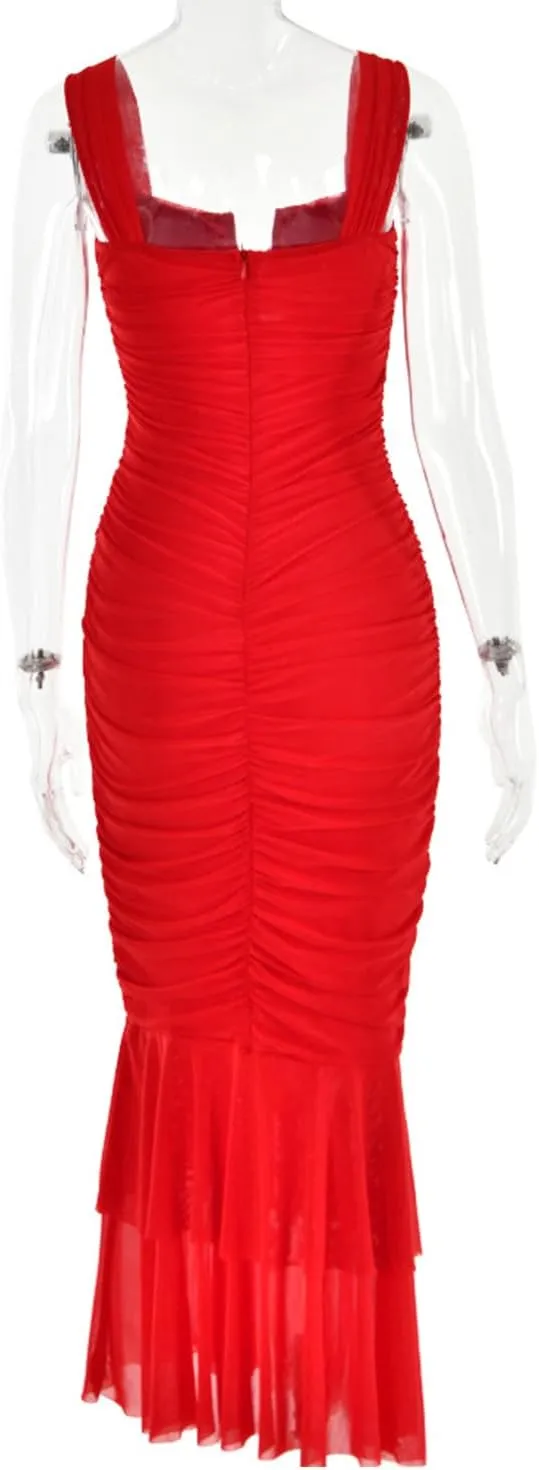 houstil Women's Strap Wedding Guest Dress Wrinkles Mesh Bodycon Party Maxi Cocktail Cut Out Clubwear Summer
