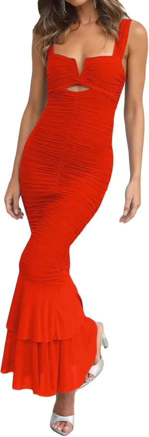 houstil Women's Strap Wedding Guest Dress Wrinkles Mesh Bodycon Party Maxi Cocktail Cut Out Clubwear Summer