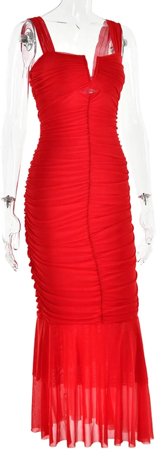 houstil Women's Strap Wedding Guest Dress Wrinkles Mesh Bodycon Party Maxi Cocktail Cut Out Clubwear Summer